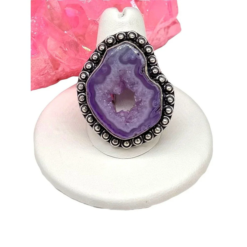 Purple Agate Ring Window Druzy Size 9 925 Sterling Silver Overlay